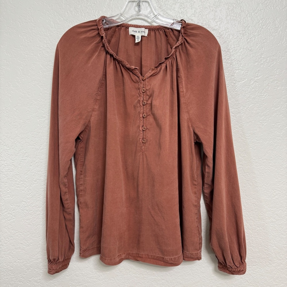 Cloth & Stone Blouse Womens M Terra Cotta Tencel Lyocell Henley Long Sleeve Top